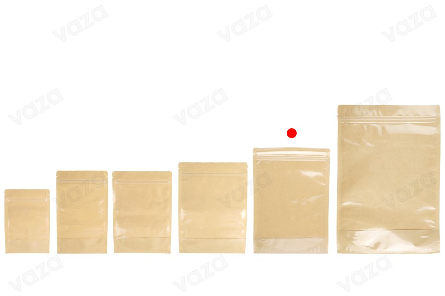 Doypack-Beutel 180x40x260 mm, Rückseite aus Kraftpapier (14c), Vorderseite aus transparentem Papier (8c), mit Reißverschluss, heißsiegelbar - 100 Stück Doypack-Beutel 180x40x260 mm, Rückseite aus Kraftpapier (14c), Vorderseite aus transparentem Papier (8c), mit Reißverschluss, heißsiegelbar - 100 Stück-εικόνα_σύνθεση