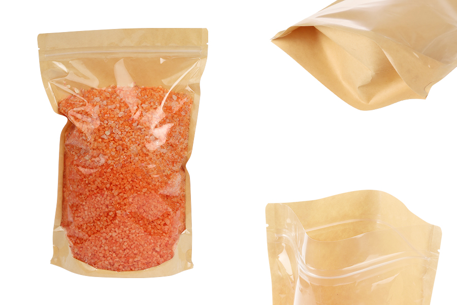 Doypack-Beutel 200x50x300 mm, Rückseite Kraftpapier (14c), Vorderseite transparent (8c), mit Reißverschluss, heißsiegelbar - 100 Stück