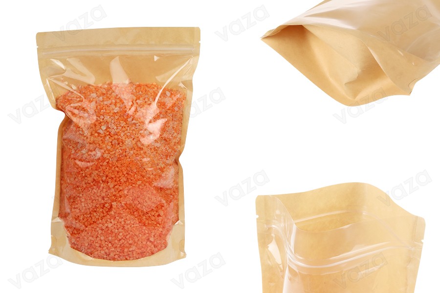 Doypack-Beutel 200x50x300 mm, Rückseite Kraftpapier (14c), Vorderseite transparent (8c), mit Reißverschluss, heißsiegelbar - 100 Stück Doypack-Beutel 200x50x300 mm, Rückseite Kraftpapier (14c), Vorderseite transparent (8c), mit Reißverschluss, heißsiegelbar - 100 Stück-εικόνα_προϊοντική