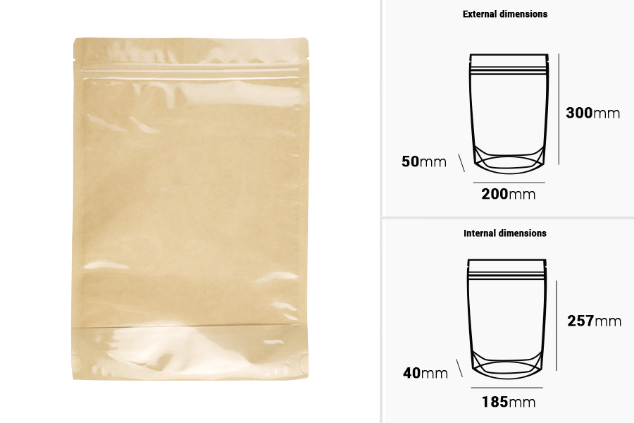 Doypack-Beutel 200x50x300 mm, Rückseite Kraftpapier (14c), Vorderseite transparent (8c), mit Reißverschluss, heißsiegelbar - 100 Stück