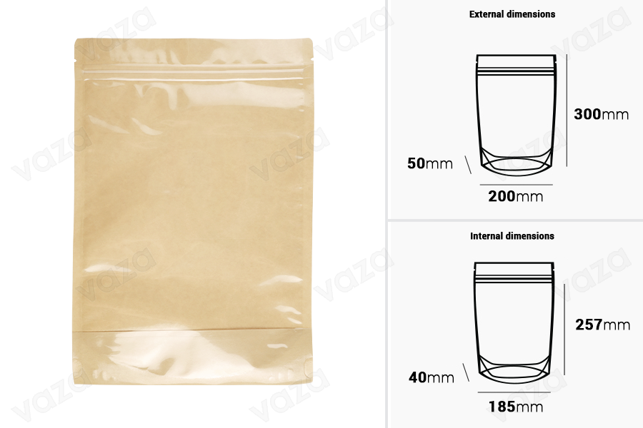 Doypack-Beutel 200x50x300 mm, Rückseite Kraftpapier (14c), Vorderseite transparent (8c), mit Reißverschluss, heißsiegelbar - 100 Stück Doypack-Beutel 200x50x300 mm, Rückseite Kraftpapier (14c), Vorderseite transparent (8c), mit Reißverschluss, heißsiegelbar - 100 Stück-εικόνα_διαστάσεις