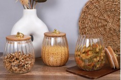 Glass jar 700 ml bronze with wooden cap, rubber and gold metal ring