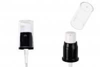 Aluminum cream dispenser pump in black or white color with PP18 finish and transparent acrylic overcap