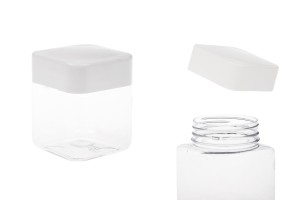 Pet-Dose 280ml transparent, viereckig für Salze mit weißem Deckel und Abdichtscheibe-produktbild