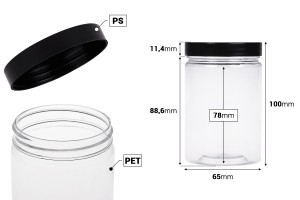 Pot pour sels de bain de 250ml en plastique transparent avec couvercle noir 65 x 100 mm-εικόνα_διαστάσεις