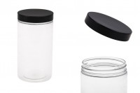 Transparent 350ml plastic (PET) jar for bath salts with black cap in size  65x120 mm