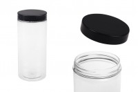 Transparent 400ml plastic PET jar for bath salts with black cap in size  65x145 mm