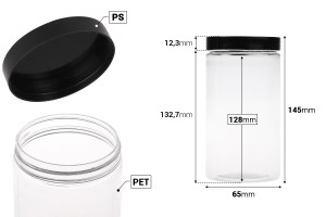 Kunststoffdose 400 ml für Salze mit schwarzem Deckel 65x145mm-εικόνα_διαστάσεις