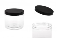 Pot pour sels de bain de 500ml en plastique transparent avec couvercle noir 100 x 83 mm