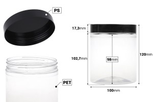Pot pour sels de bain de 750ml en plastique transparent avec couvercle noir 100 x 120 mm-2