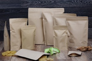 Sacchetti in carta kraft tipo Doy Pack, con chiusura a zip, fodera interna in alluminio e possibilità di sigillare con termosaldatura 110x30x185 mm – 50 pz-εικόνα_σύνθεση