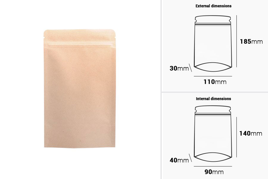 Doy Pack Kraftpapierbeutel 110x30x185 mm, mit Aluminium-Innenauskleidung, "Zip"-Verschluss und heißsiegelfähig - 50 Stück.-photo_dimensions