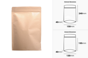 Sachets en papier kraft de type Doypack, avec fermeture zip, revêtement intérieur en aluminium et possibilité de fermeture par thermoscellage 150 x 40 x 240 mm - 50 pcs-εικόνα_διαστάσεις