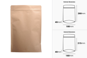 Sachets en papier kraft de type Doypack, avec fermeture zip, revêtement intérieur en aluminium et possibilité de fermeture par thermoscellage 180 x 40 x 260 mm - 50 pcs-εικόνα_διαστάσεις