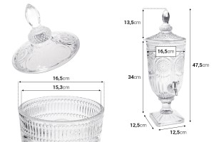 Embossed glass 3000 ml with tap, glass cap and square base-εικόνα_διαστάσεις