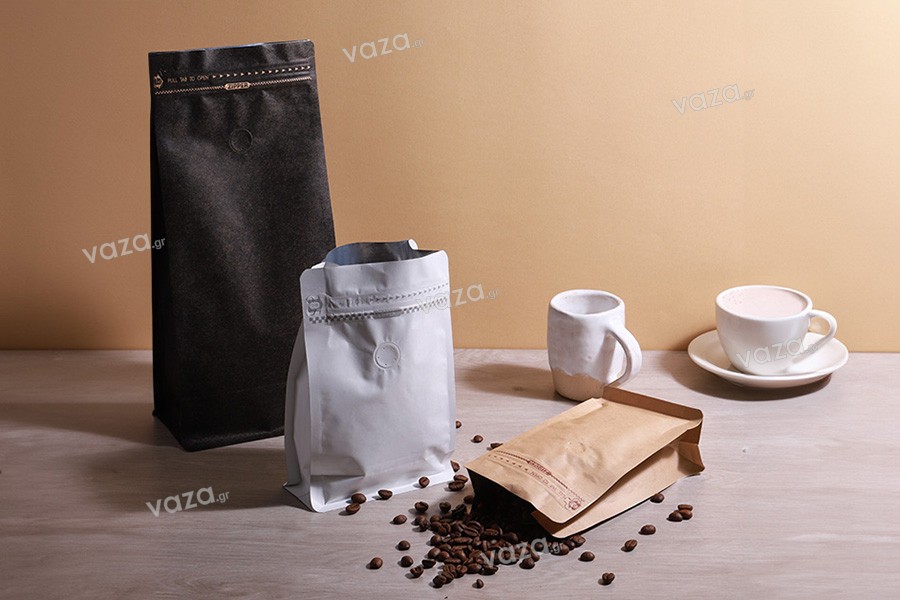 Aluminum Doypack stand-up pouch of kraft paper with valve, a sealing strip and a zipper to open the pouch, heat sealable closure, ideal for the packaging of ground coffee, 125x65x195 mm - 25 pcs
