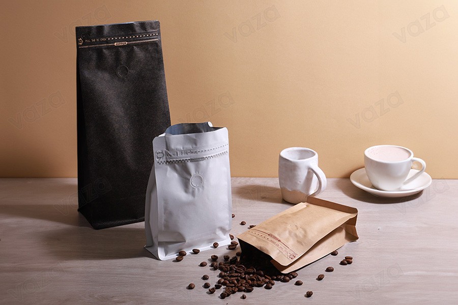 Aluminiumbeutel vom Typ Doy Pack mit Ventil, Außenfutter aus Kraftpapier, Verschluss mit Heißsiegelung, Öffnung mit Sicherheitsband und Verwendung eines Reißverschlusses, ideal für Kaffeepulver 135x80x255mm - 25 Stk-bildgruppe