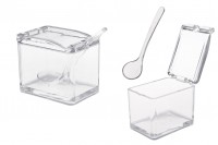 Plastic box 81x57x70 mm transparent with integrated cap and teaspoon (length 118 mm) for sweets and spices