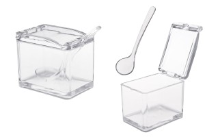 Petite boîte en plastique aux dimensions 81 x 57 x 70 mm transparente avec couvercle intégré et cuillère (longueur 118 mm) pour bonbons et épices-1