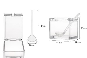Petite boîte en plastique aux dimensions 81 x 57 x 70 mm transparente avec couvercle intégré et cuillère (longueur 118 mm) pour bonbons et épices-2