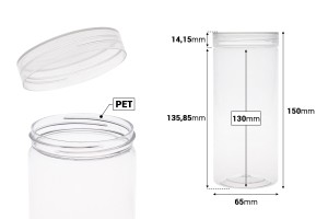 Petit pot de 410ml en plastique (PET) 65 x 150 mm transparent avec couvercle - 6 pcs-photo_dimensions