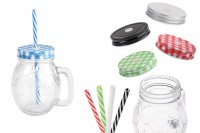 Pot en verre de 450ml en forme de boule 126 x 94 mm avec couvercle et paille