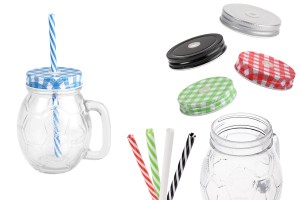 Pot en verre de 450ml en forme de boule 126 x 94 mm avec couvercle et paille