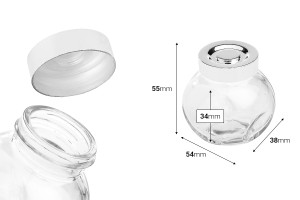 Βάζο 50 ml γυάλινο που πλαγιάζει με δύο βάσεις και ασημί, πλαστικό καπάκι-εικόνα_διαστάσεις
