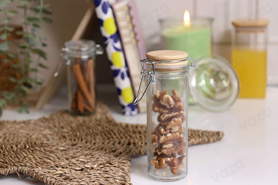 Pot en verre rond de 120ml 130 x 45 mm avec couvercle en bois et fermeture hermétique (fil de fer et caoutchouc sur le couvercle)-photo_groupe