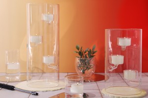 Vazo dekorative prej qelqi me fryrje 20 x 12 cm me tre mbajtës qirinjsh-εικόνα_σύνθεση