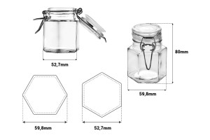Pot en verre hexagonal de 100ml 53 x 80 mm avec fermeture hermétique (fil et caoutchouc sur le couvercle)-εικόνα_διαστάσεις