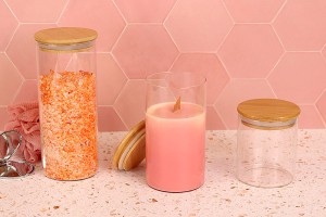 Petit pot rond en verre de 450ml avec couvercle en bois et bande élastique-5