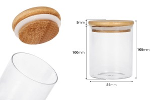 Petit pot rond en verre de 450ml avec couvercle en bois et bande élastique-2