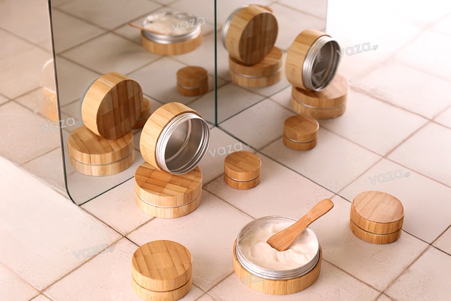 Βαζάκι αλουμινίου 100 ml με επικάλυψη bamboo και εσωτερικό παρέμβυσμα στο καπάκι - 6 τμχ