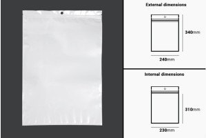 Sachets en plastique avec fermeture éclair 240 x 340 mm, dos blanc et face transparente, avec trou et thermosoudure - 100 pcs-εικόνα_διαστάσεις
