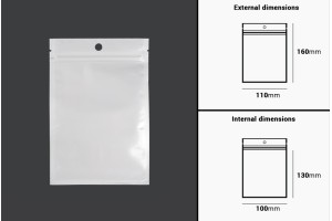 Sachets en plastique avec fermeture éclair 110 x 160 mm, dos blanc et face transparente, avec trou et possibilité de thermosoudure - 100 pcs-εικόνα_διαστάσεις