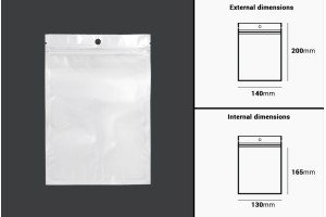 Sachets en plastique avec fermeture éclair 140 x 200 mm, dos blanc et face transparente, avec trou et possibilité de thermosoudure - 100 pcs-εικόνα_διαστάσεις