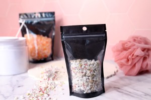 Sacchetti tipo Doy Pack 80x30x130mm in alluminio con retro nero e fronte trasparente con chiusura a zip e capacità di saldatura con termosaldatura - 100 pz-εικόνα_σύνθεση