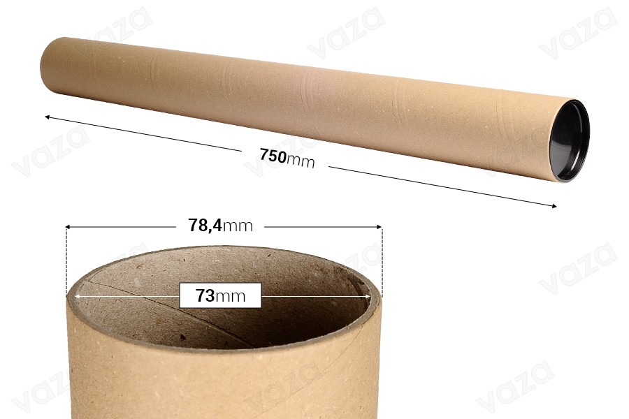 Brown kraft paper tube box 73x750mm with plastic caps - 10 pcs-bildabmessungen