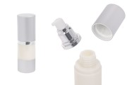 Μπουκάλι airless για κρέμα 15ml με πλαστικό, γαλακτερό σώμα, καπάκι και βάση αλουμινίου σε ασημί χρώμα