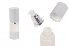 Μπουκάλι airless για κρέμα 15ml με πλαστικό, γαλακτερό σώμα, καπάκι και βάση αλουμινίου σε ασημί χρώμα