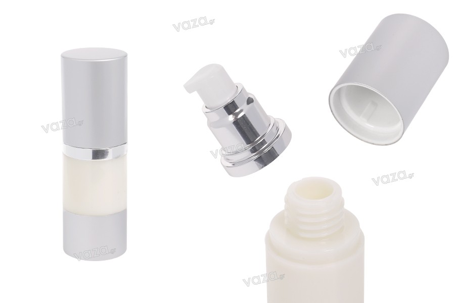 Μπουκάλι airless για κρέμα 15ml με πλαστικό, γαλακτερό σώμα, καπάκι και βάση αλουμινίου σε ασημί χρώμα