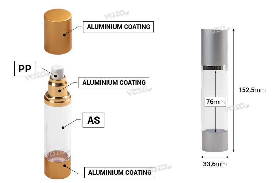 Μπουκάλι airless για κρέμα 50 ml με ακρυλικό, διάφανο σώμα, καπάκι και βάση αλουμινίου σε 2 χρώματα 