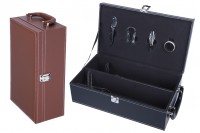 Luxury case for 2 wine bottles with accessories and leather lining in black or brown