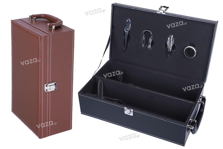 Luxury case for 2 wine bottles with accessories and leather lining in black or brown