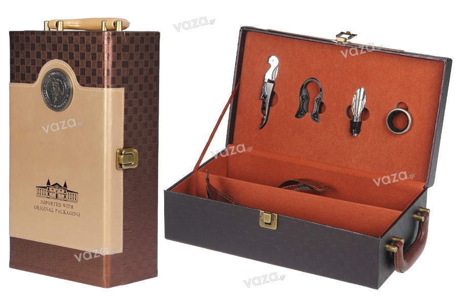 Luxury case for 2 wine bottles with accessories and leather lining in gold or brown color
