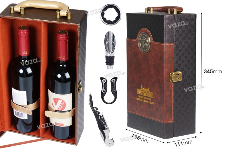 Luxury case for 2 wine bottles with accessories and leather lining in gold or brown color