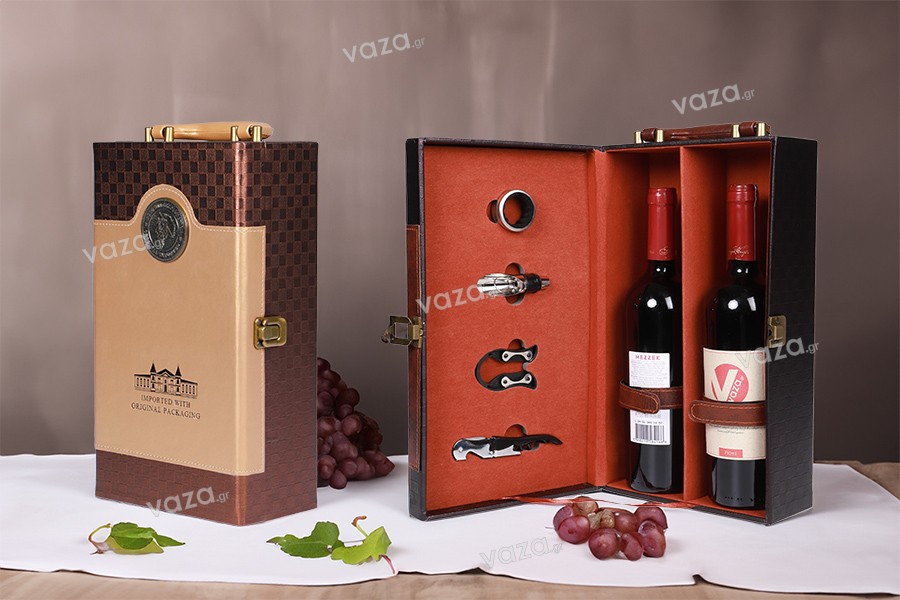 Husa de lux pentru 2 sticle de vin cu accesorii si captuseala din piele negru sau maro