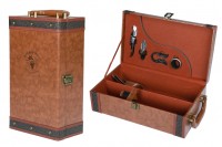 Luxury case for 2 wine bottles with serving accessories and brown leather lining