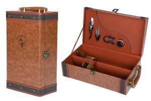 Coffret luxe pour 2 bouteilles de vin avec accessoires de service et doublure en cuir marron-εικόνα_προϊοντική